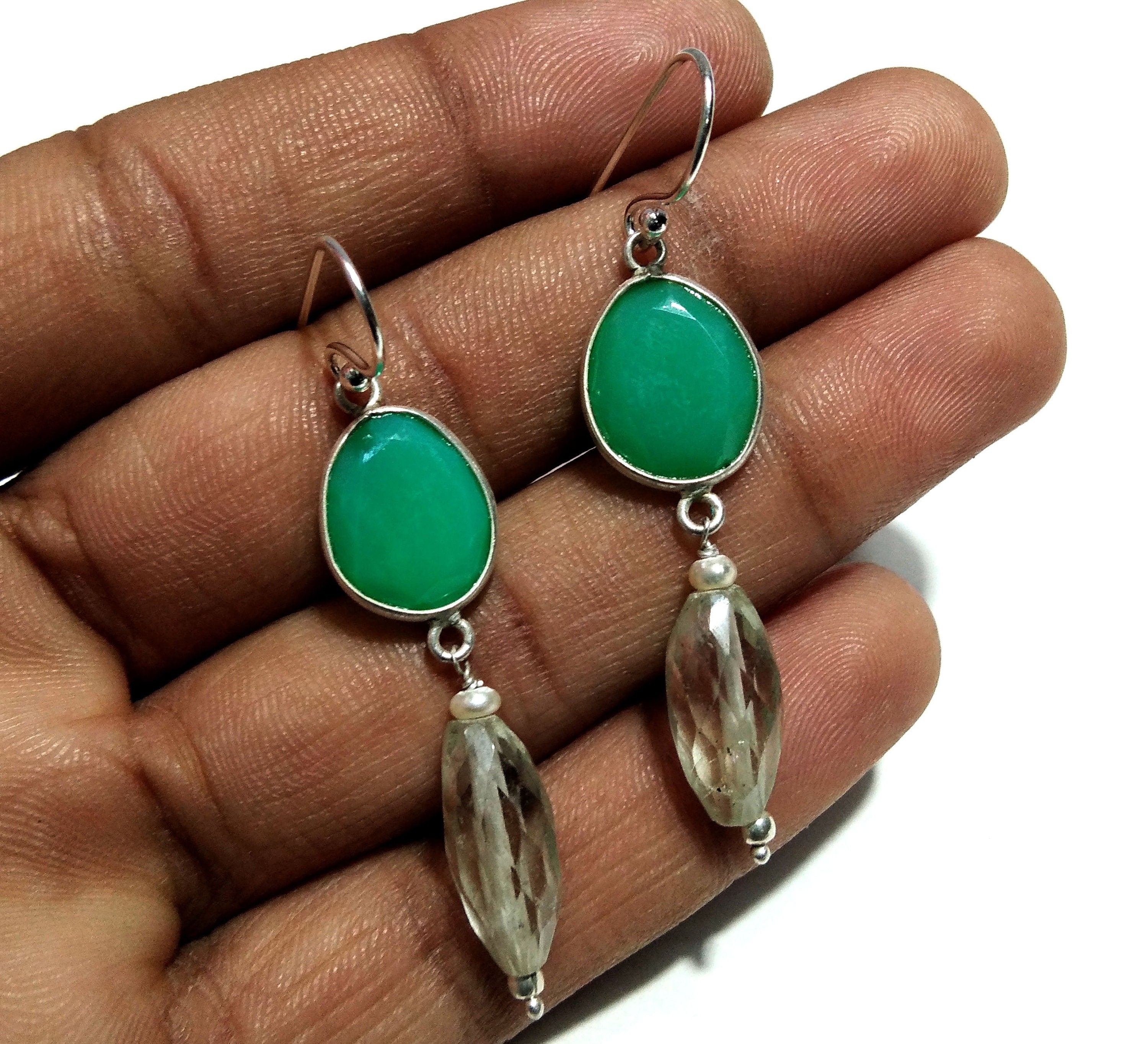 Beautiful Earring ! Natural Gemstone Green Amethyst & Cryso Onyx Earring, 925 Starling Silver Handmade Jewelry Earring, Gift For Girls/Women